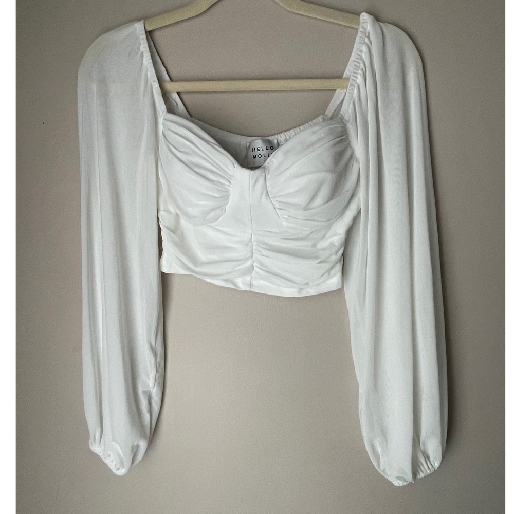 Hello Molly White Ruched Bust Sweetheart Neck Long Sleeve Bell Crop Top women S